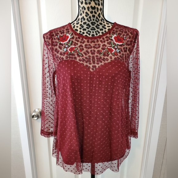 Crave Fame Tops - Crave Fame Embroidered Semi-Sheer Top